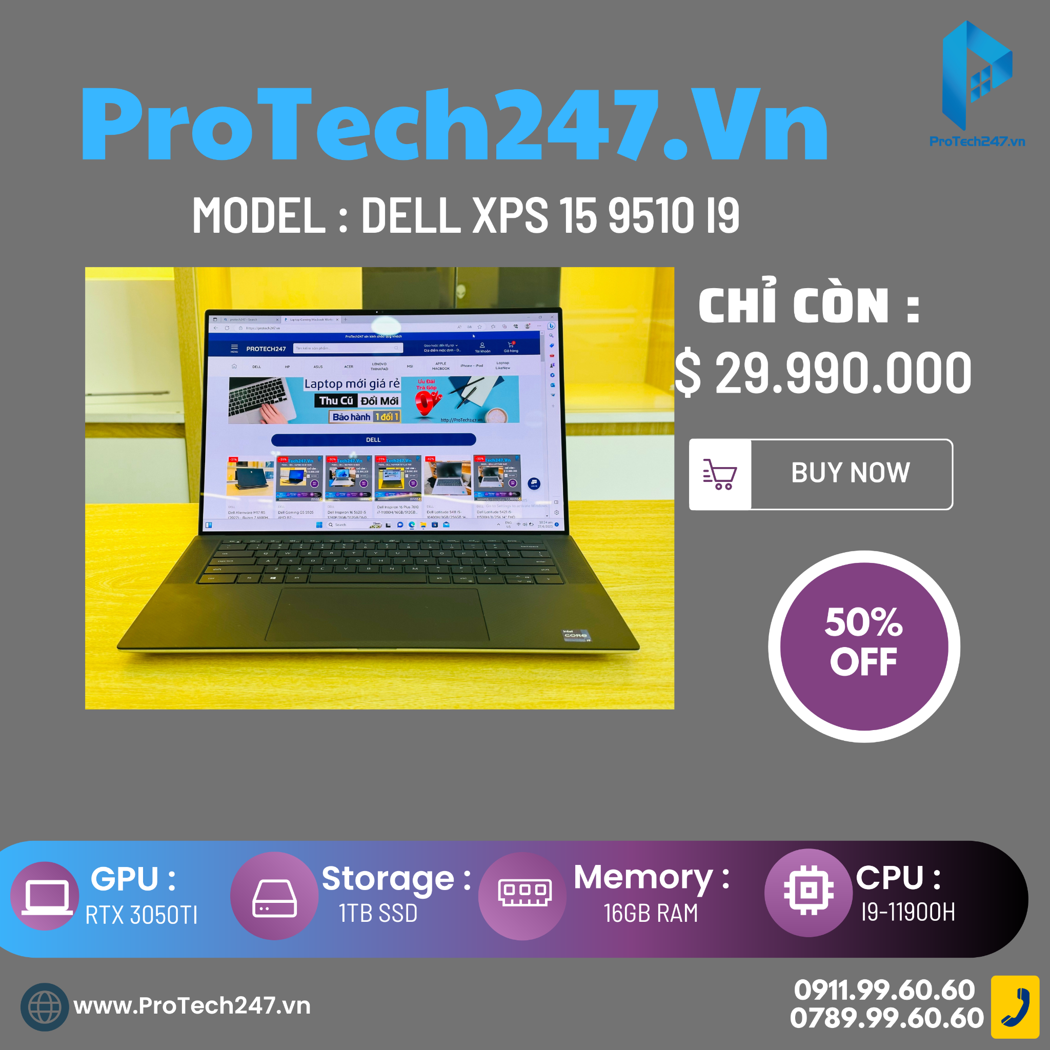  Dell XPS 9510 I9-11900H/16GB/1TB/VGA NVIDIA RTX3050Ti 4GB/15.6" 4K OLED Touch (USED) 