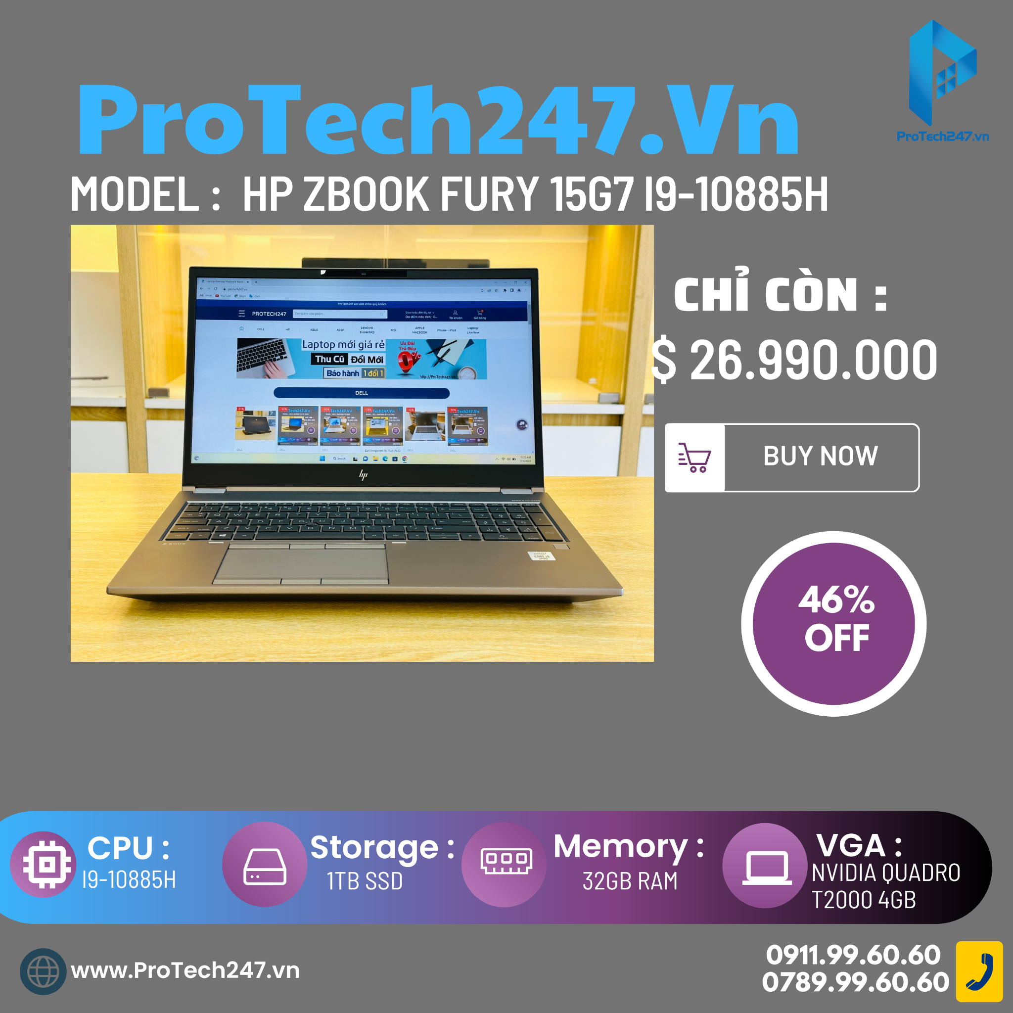 HP ZBook Fury 15G7 I9-10885H/32GB/1TB/VGA Quadro T2000 4GB 15.6” FHD I –  ProTech247