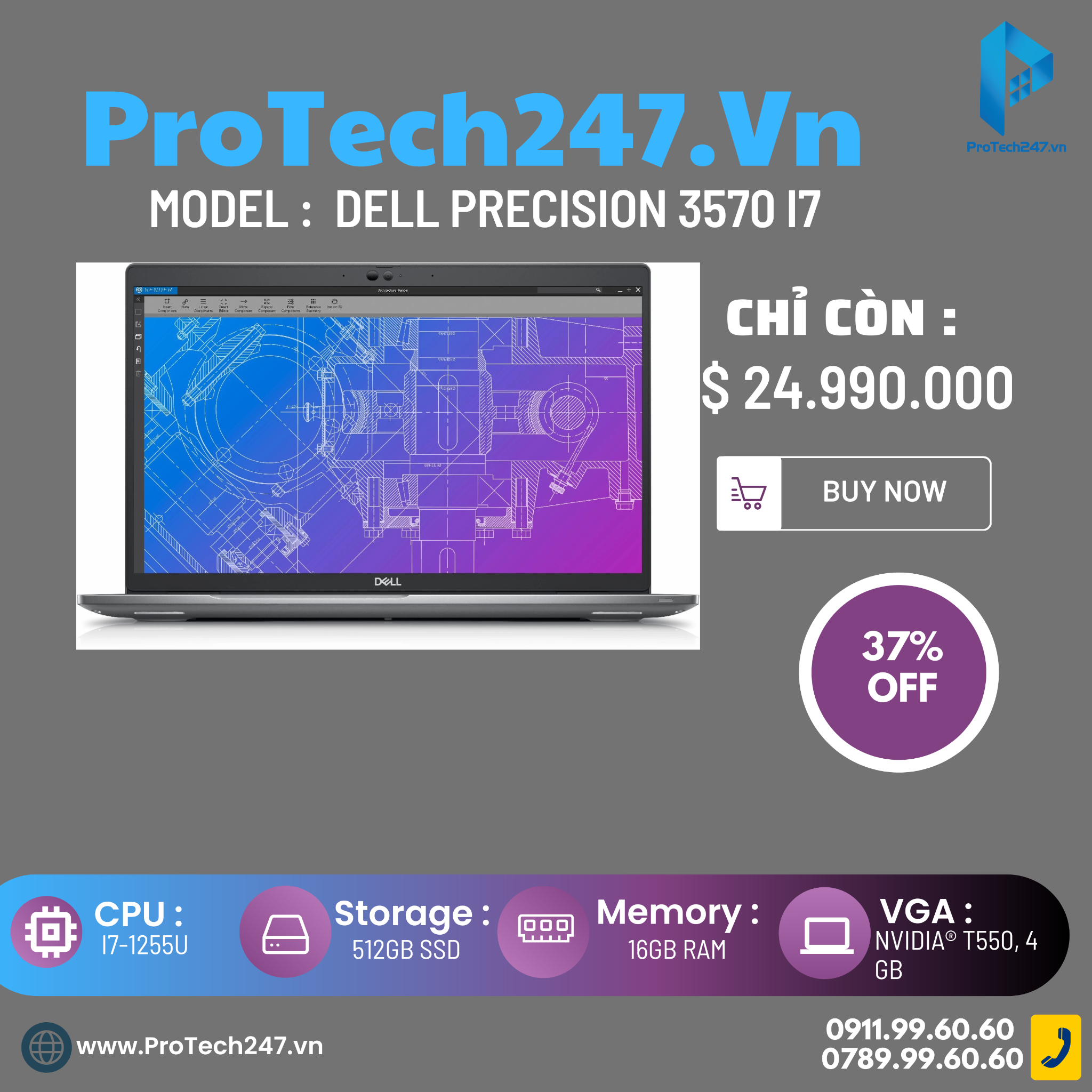  Dell Precision 3570 Workstation  i7-1255U/ 16GB/ 512GB/NVIDIA T550 4GB/ 15.6 FHD (USED) 