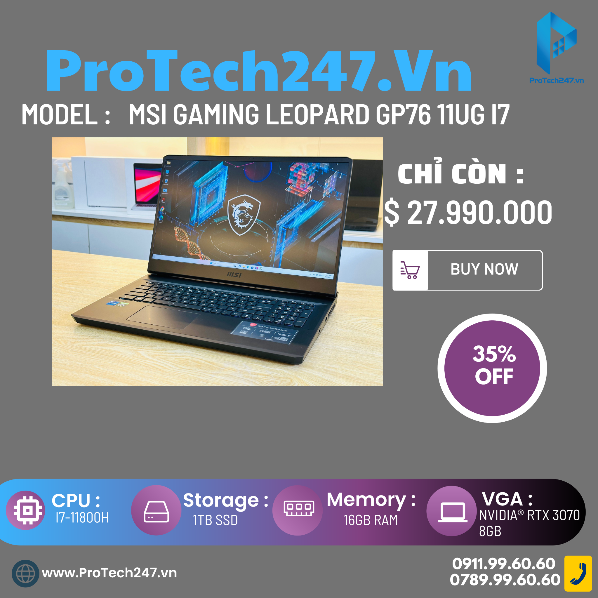  MSI Gaming Leopard GP76 11UG i7 11800H/16GB/1TB SSD/VGA Nvidia RTX 3070 8G 17,3" FHD 300Hz (USED) 