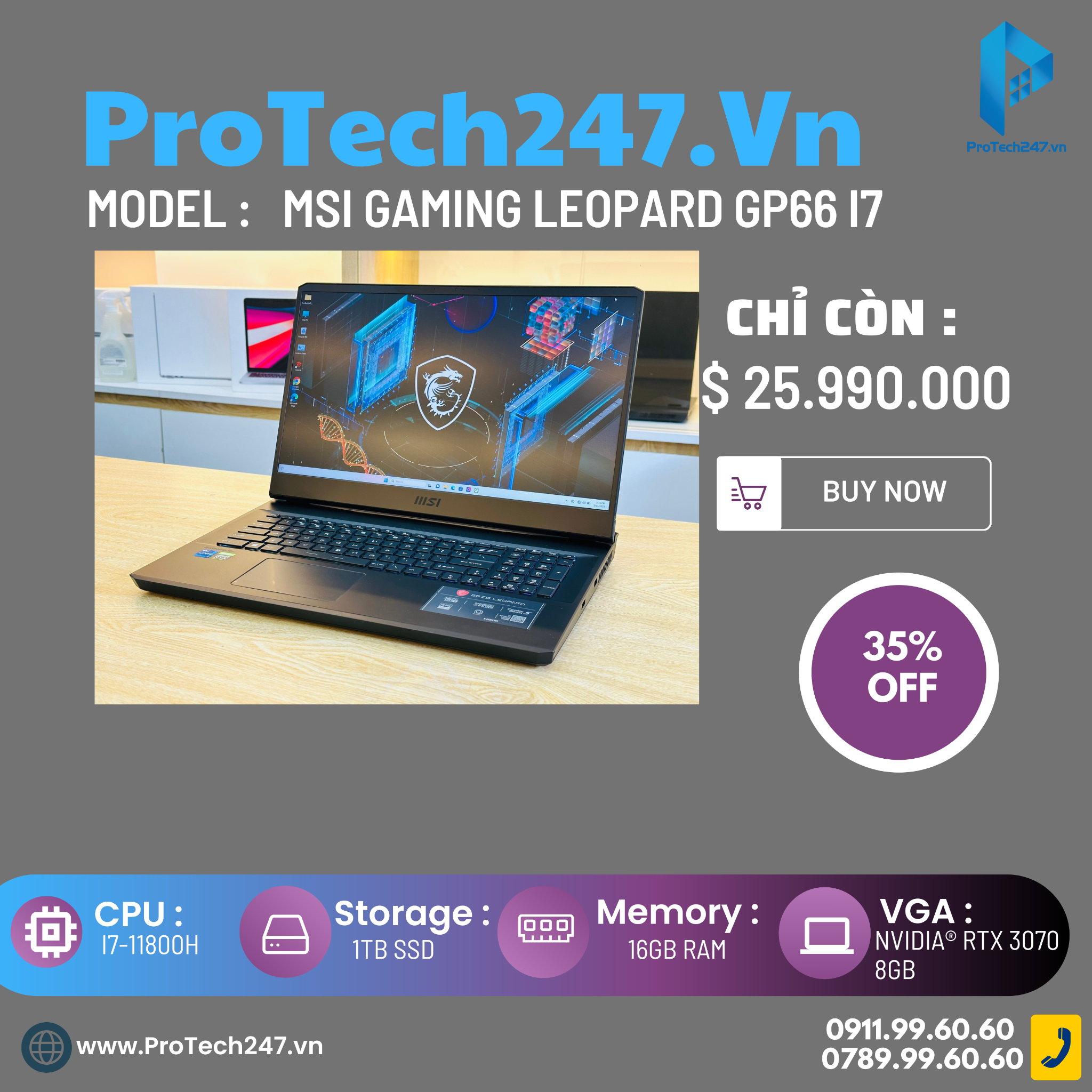  MSI GP66 Leopard 11UG I7-11800H/16/1TB/VGA Nvidia RTX 3070 8G 15,6" FHD 240Hz (USED) 