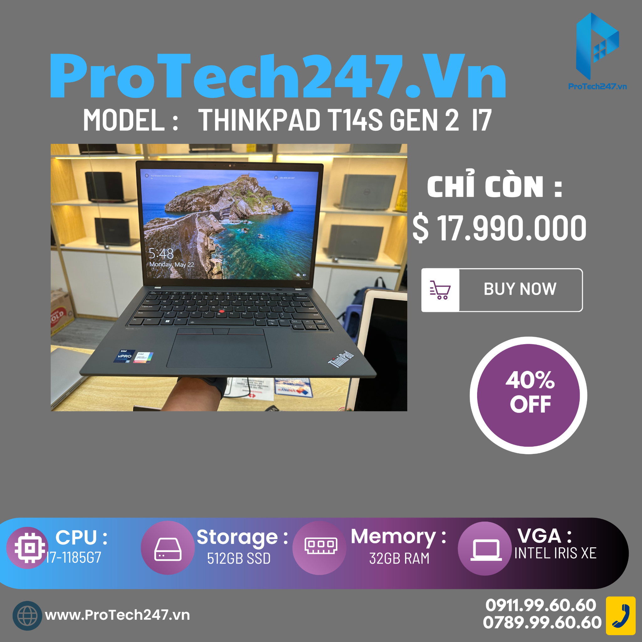  Lenovo Thinkpad T14s Gen 2 i7-1185G7 32GB/512GB SSD 14.''FHD IPS (USED) 