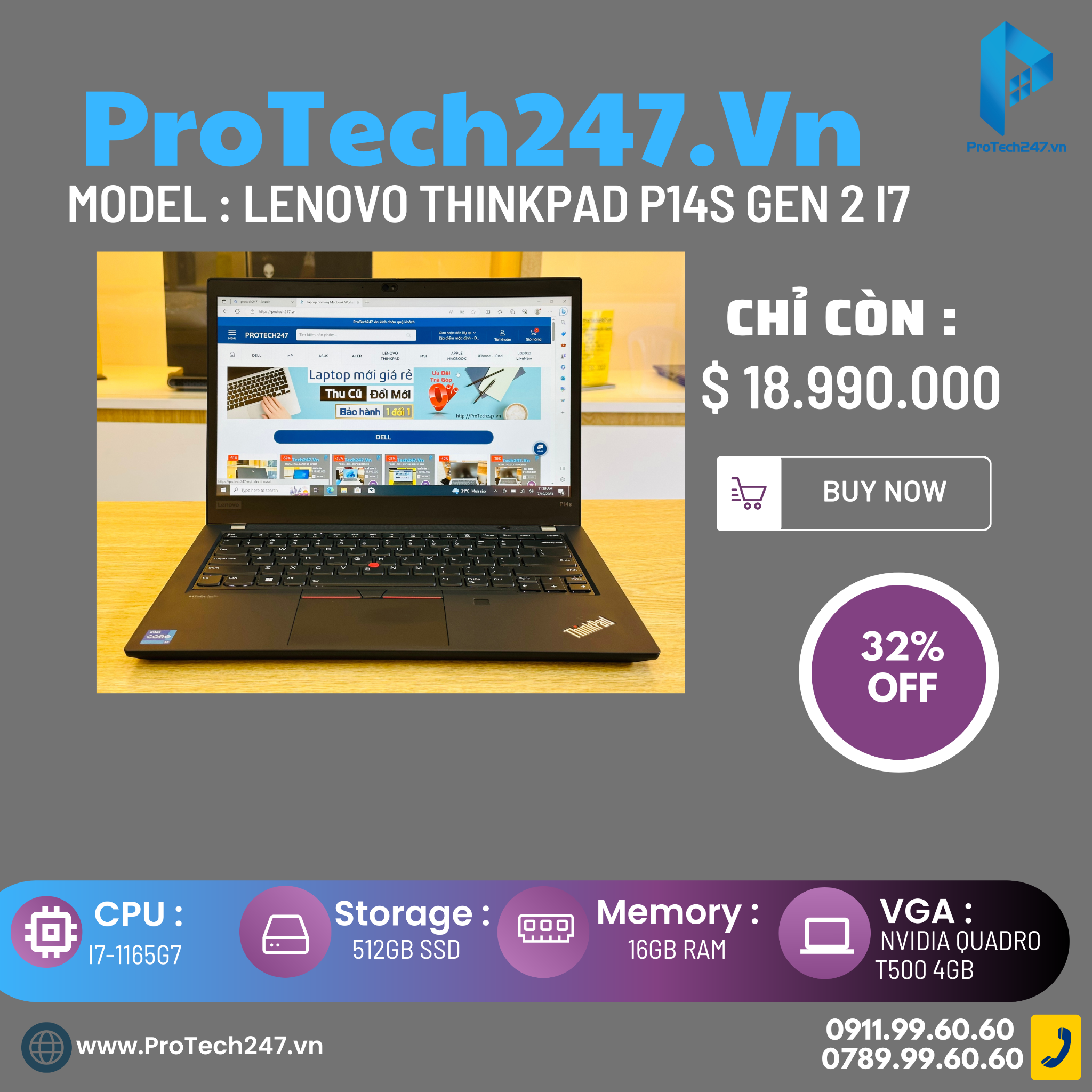  Lenovo ThinkPad P14s Gen 2 Core i7-1165G7 RAM 16GB SSD 512GB Quadro T500 14 inch FHD Windows 10 