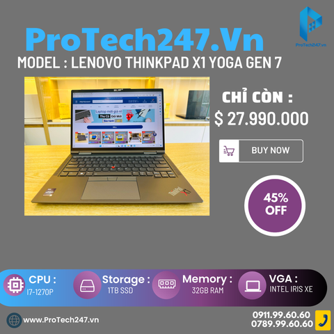  Lenovo ThinkPad X1 Yoga Gen 7 - Core i7 1270P / RAM 32GB / SSD 1TB/ 14" FHD+ Touch 