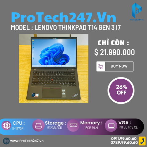  Lenovo Thinkpad T14 Gen 3 Core™ i7-1270P | RAM 16GB | SSD 512GB | 14 inch 2.2K (2240x1400) 