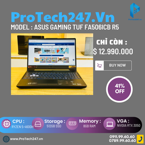  Asus Gaming TUF FA506ICB R5 4600H/8GB/512GB/15.6FHD/NVIDIA RTX 3050 4GB/Win11 