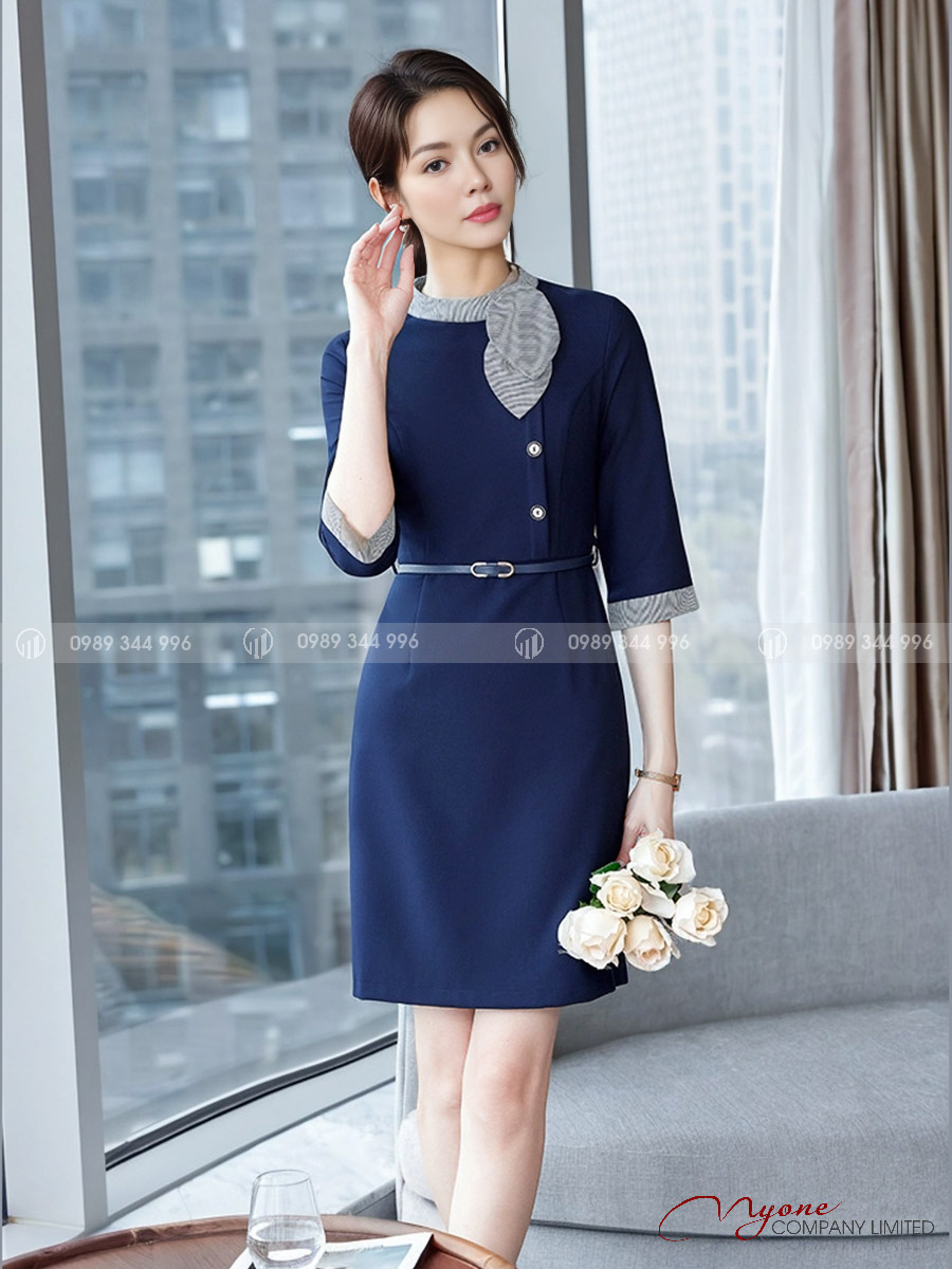 Đầm Lễ Tân Nơ Lá Xám