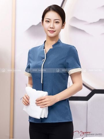 Áo Buồng Phòng Cổ V Màu Xanh Xám