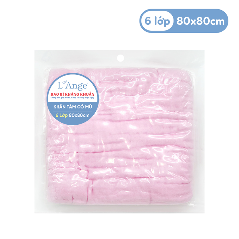  L'ANGE KHĂN TẮM VẢI BÔNG CÓ NÓN 6 LỚP HỒNG 80X80 