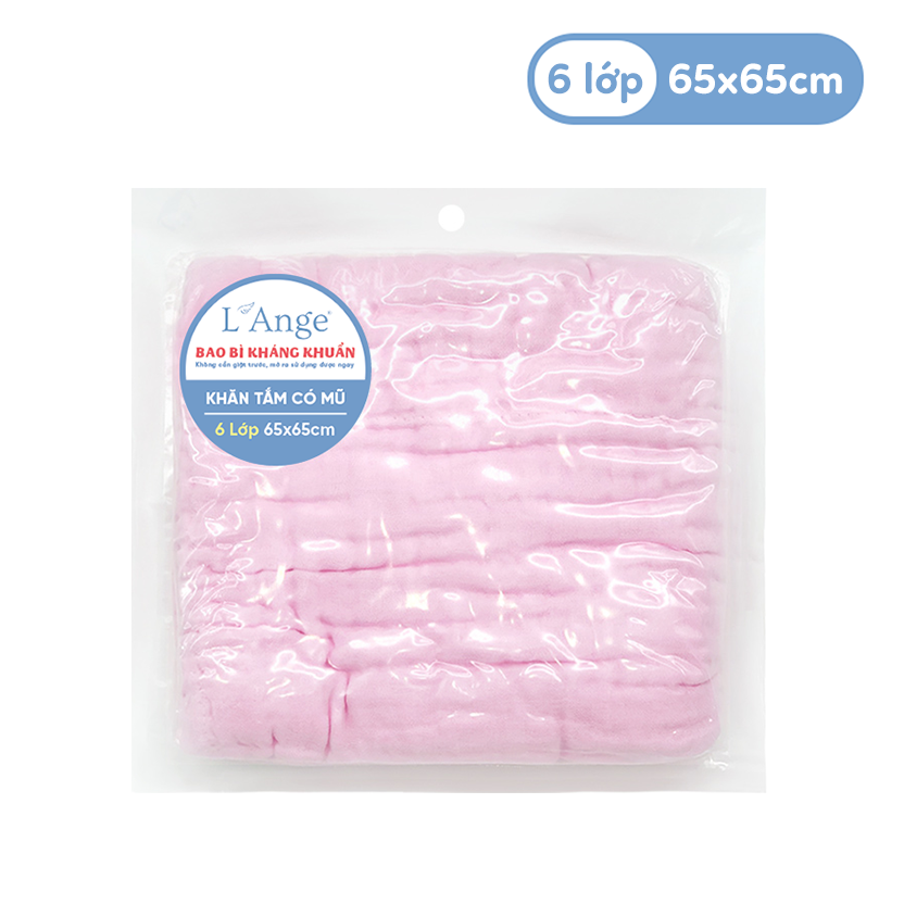  L'ANGE KHĂN TẮM VẢI BÔNG CÓ NÓN 6 LỚP HỒNG 65X65 