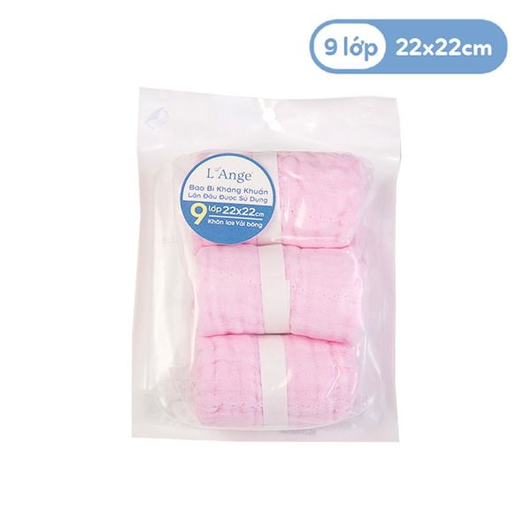  L'ANGE - KHĂN NHỎ VẢI BÔNG 9 LỚP 22X22cm - HỒNG ( SET 3 CÁI ) 