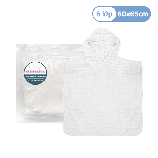  L'ANGE ÁO CHOÀNG TẮM 6 LỚP CÓ NÓN CHO BÉ 60x65cm - MÀU TRẮNG (SIZE M) 