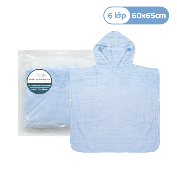  L'ANGE ÁO CHOÀNG TẮM 6 LỚP CÓ NÓN CHO BÉ 60x65cm - MÀU XANH (SIZE M) 