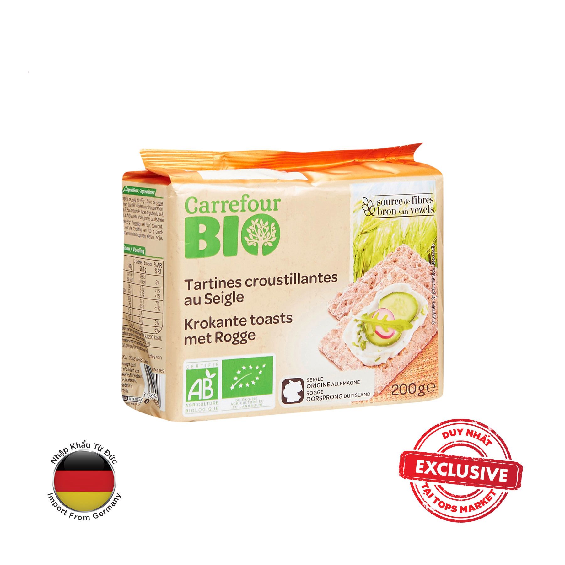  CARREFOUR BÁNH LÚA MẠCH ĐEN GIÒN TAN HỮU CƠ BIO 200G 