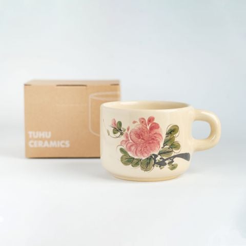  Ly gốm thủ công dung tích 380ml hoạ tiết hoa mẫu đơn Hoaipink 