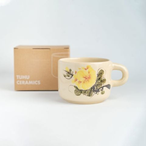  Ly gốm thủ công dung tích 380ml hoạ tiết hoa mẫu đơn hoaiyellow 