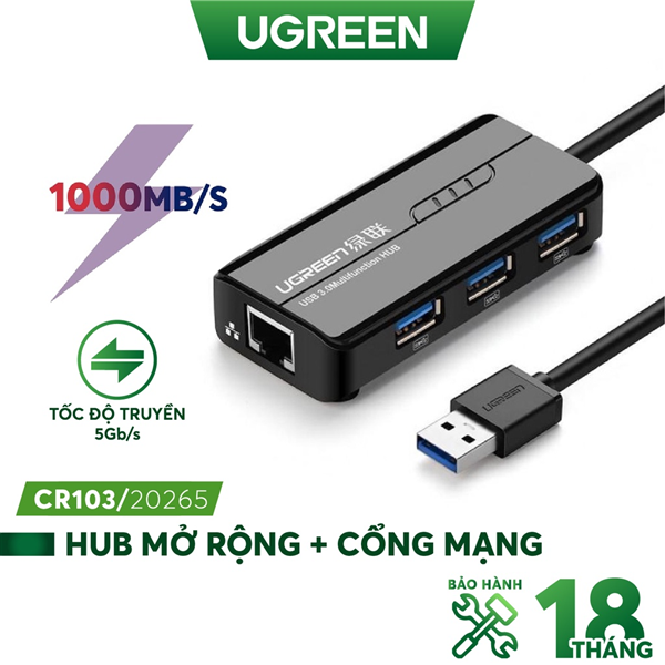  Bộ chia 3 cổng USB 3.0 tich hợp cổng Mạng Gigabit 10/100 / 1000Mbps Ugreen 20265 