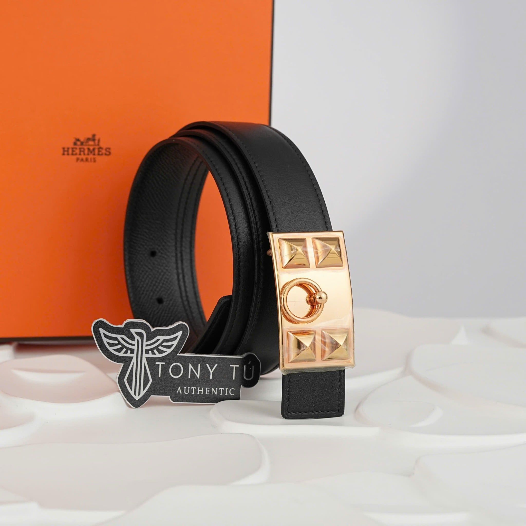 Thắt lưng Hermès Collier Rose Golden De Chien Evercolor/Epsom (Đen/Đen xanh) size 85 - TTA5049