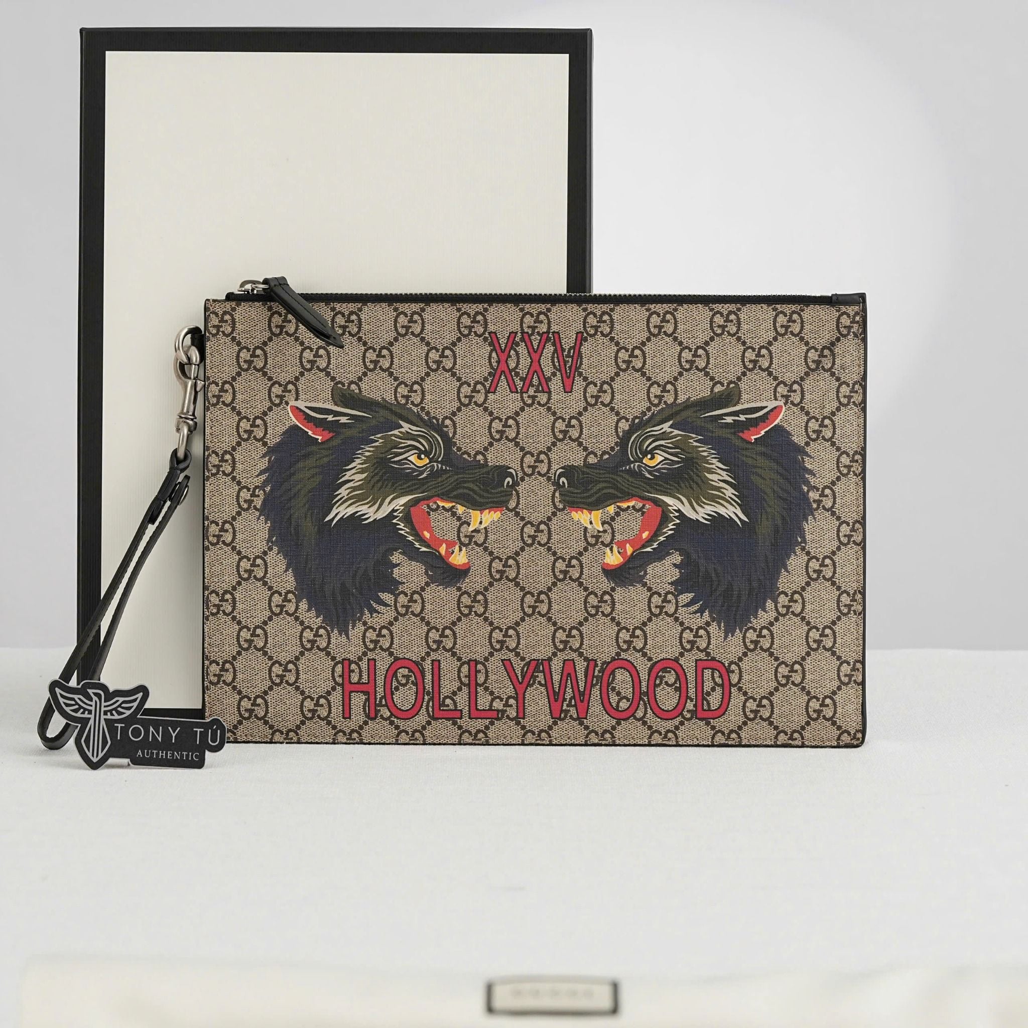 Pouch Gucci GG Supreme Monogram Wolf XXV Beige