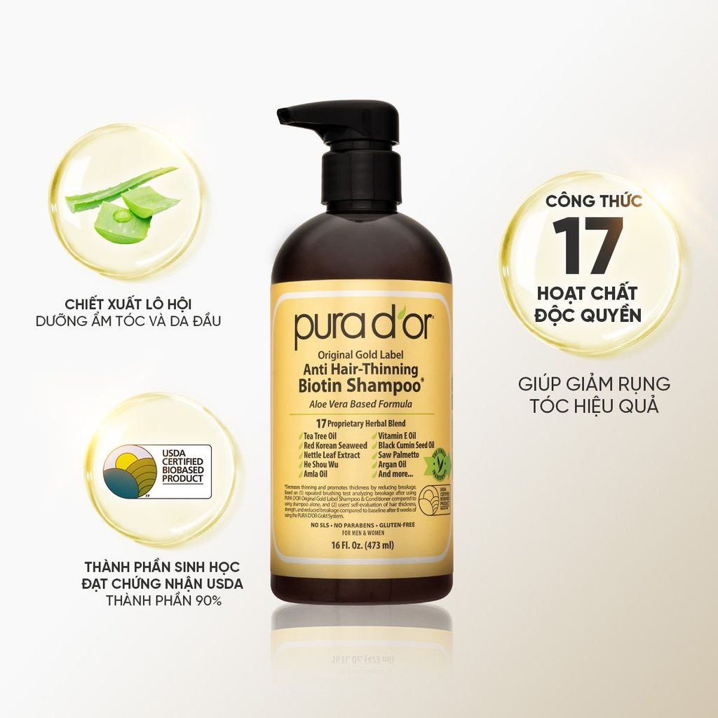Dầu gội dưỡng tóc PURA D'OR Original Gold Label Anti - Hair Thinning Shampoo 473ml