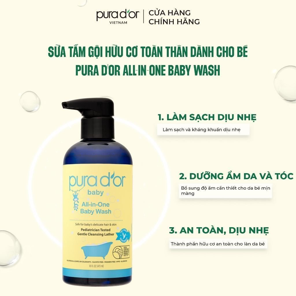 Sữa tắm gội cao cấp dành cho bé PURA D'OR Baby All In One Wash 473ml