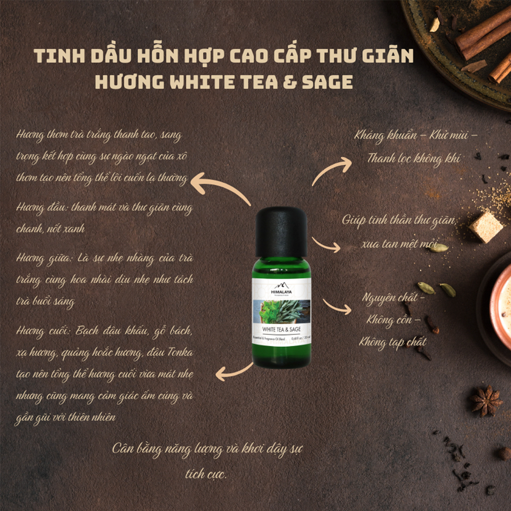 Tinh dầu hỗn hợp Cao cấp thư giản hương trà trắng - xô thơm  Himalaya White tea & Sage Oil