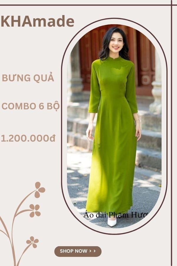 Áo Dài Truyền Thống Đơn Sắc Xanh Cốm Đậm Combo Bưng Quả 6 Bộ KHAMADE