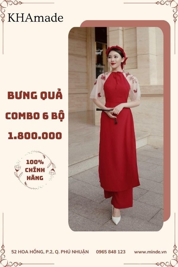 Áo Dài Cách Tân Tay Ngắn Đính Họa Tiết Combo Bưng Quả 6 Bộ KHAMADE