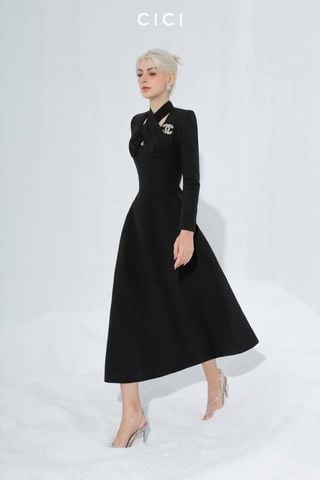 Đầm Midi Tay Dài Cổ Đan Chéo CICI