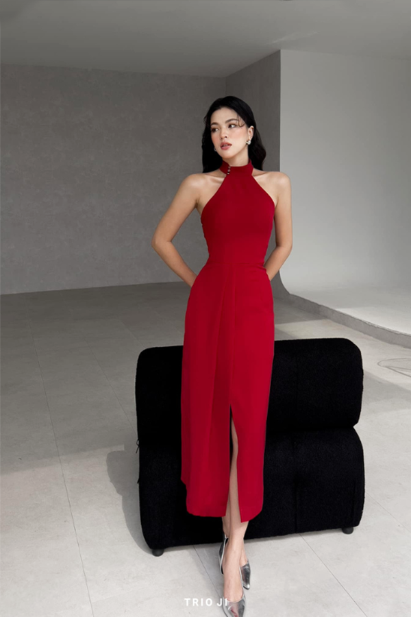 Đầm Midi Xẻ Tà Cổ Tròn TRIO JI