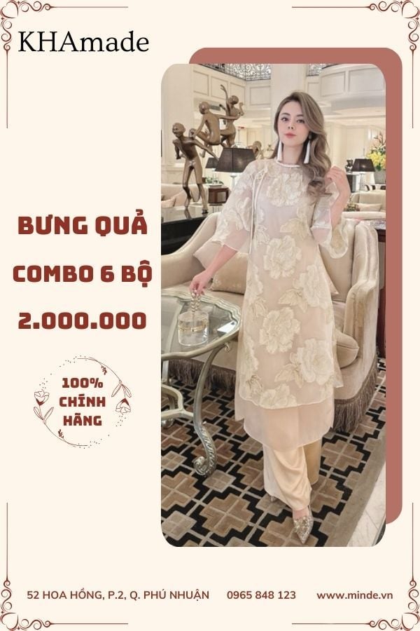 Áo Dài Cách Tân Đính Nơ Họa Tiết Hoa Combo Bưng Quả 6 Bộ KHAMADE