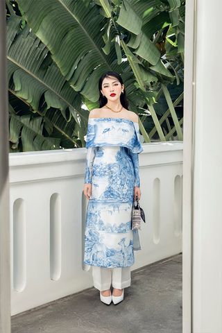 Áo Dài Họa Tiết Trễ Vai WHITE PLAN