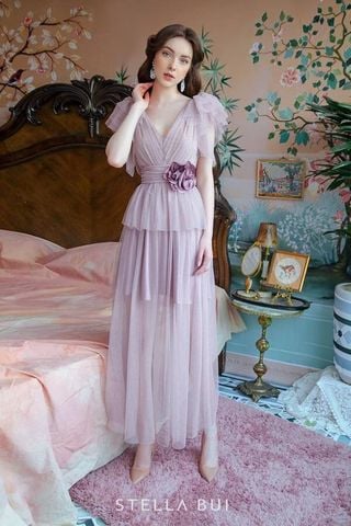 Đầm Midi Cổ Chữ V Đính Hoa Eo STELLA BUI