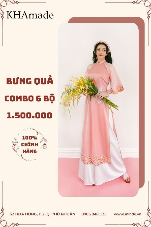 Áo Dài Cách Tân Tay Lửng Viền Hoa Combo Bưng Quả 6 Bộ KHAMADE
