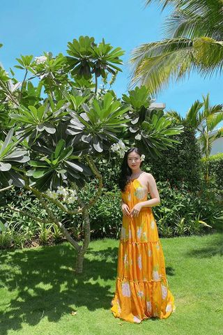 Đầm Maxi Cổ Yếm Hoa Lá Dáng Xòe XITA