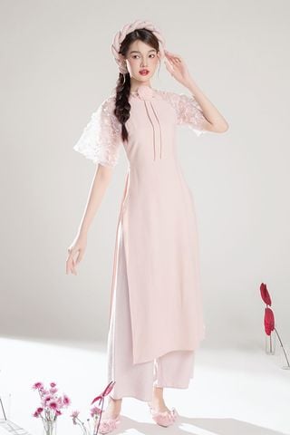 Áo Dài Cách Tân Tay Lửng Đính Hoa AGUJA