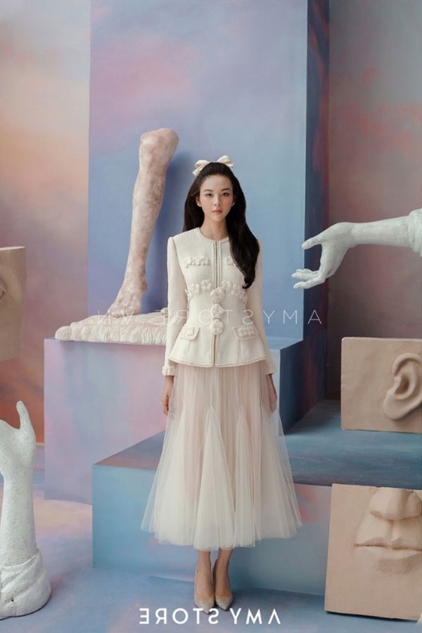 Áo Kiểu Tay Dài Đính Hoa x Chân Váy Midi Voan Mỏng  AMY STORE