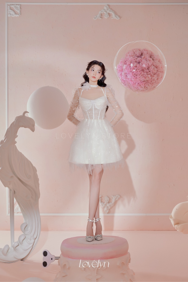 Đầm Ngắn Corset Tay Dài Nơ Cổ LOVELYN