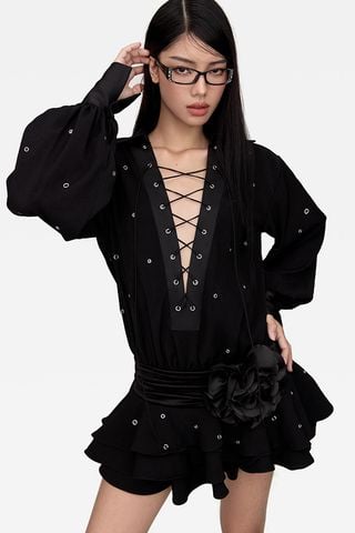 Đầm Ngắn Tay Dài Đan Dây Chéo Ngực BUPBES