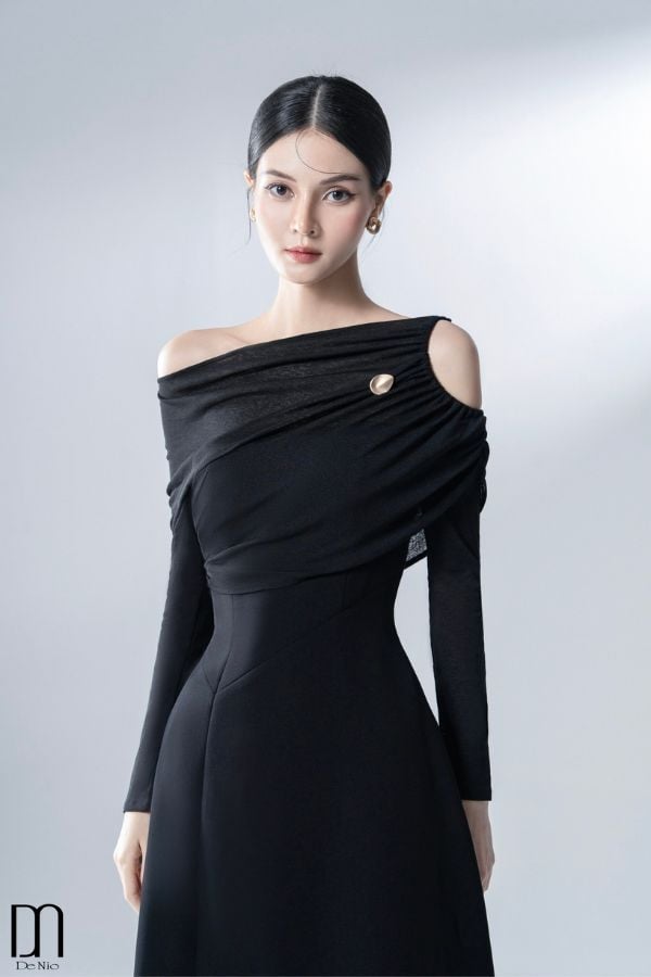 Đầm Midi Kiểu Lệch Vai Đính Charm De Nio