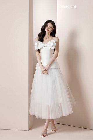 Áo Corset Đính Nơ x Chân Váy Midi Voan Mỏng DELICATE