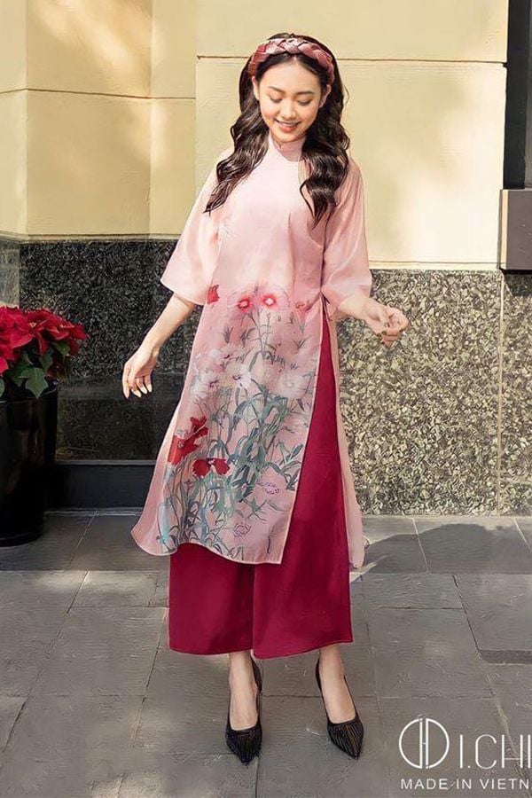 Áo Dài Cách Tân Tay Lửng Thêu Hoa I.CHIC STORE