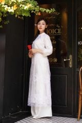 Áo dài nữ trắng thêu trắng tay lông Min Sương