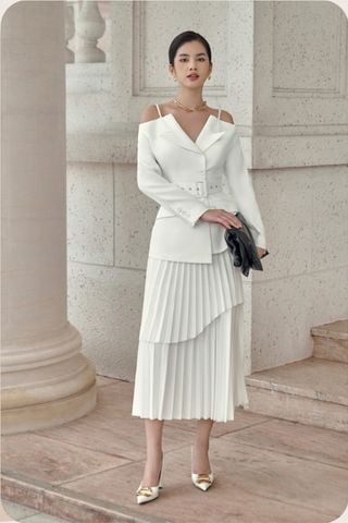 Áo Vest Kiểu Hai Dây Tay Dài x Chân Váy Midi Xếp Ly LALLEE