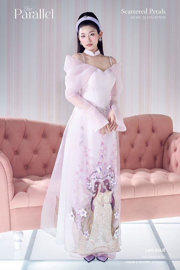 Áo Dài Hai Dây Trễ Vai Thêu Họa Tiết LAM KHUE DESIGN