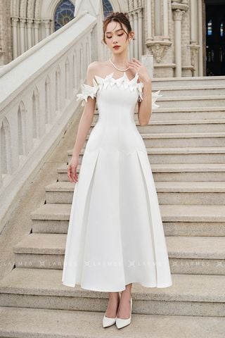 Đầm Midi Trễ Vai Đính Nơ LARMES