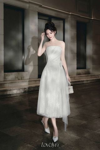 Đầm Midi Hai Dây Phối Nơ Trắng LOVELYN