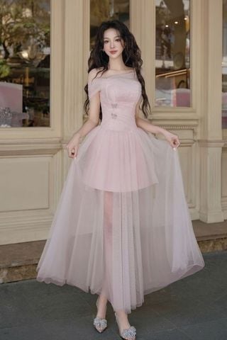 Đầm Midi Trễ Vai Phối Ren Hồng LOVELYN