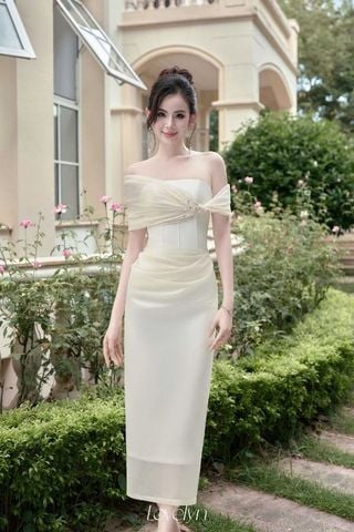 Đầm Midi Trễ Vai Trắng Phối Kem LOVELYN
