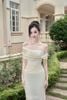 Đầm Midi Trễ Vai Trắng Phối Kem LOVELYN